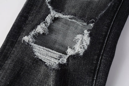 PURPLE Men Streetwear Skinny Jeans Dark Gray Wash with Heavy Distressed Ripped Details 9079
