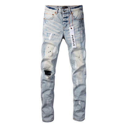 PURPLE Men Streetwear Skinny Jeans Light Blue Wash with White Paint Splatter and Subtle Distress 9006