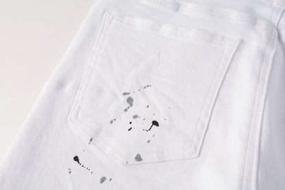 PURPLE Men Streetwear Skinny Jeans White Wash with Black Paint Splatter and Distressed Rip 9021