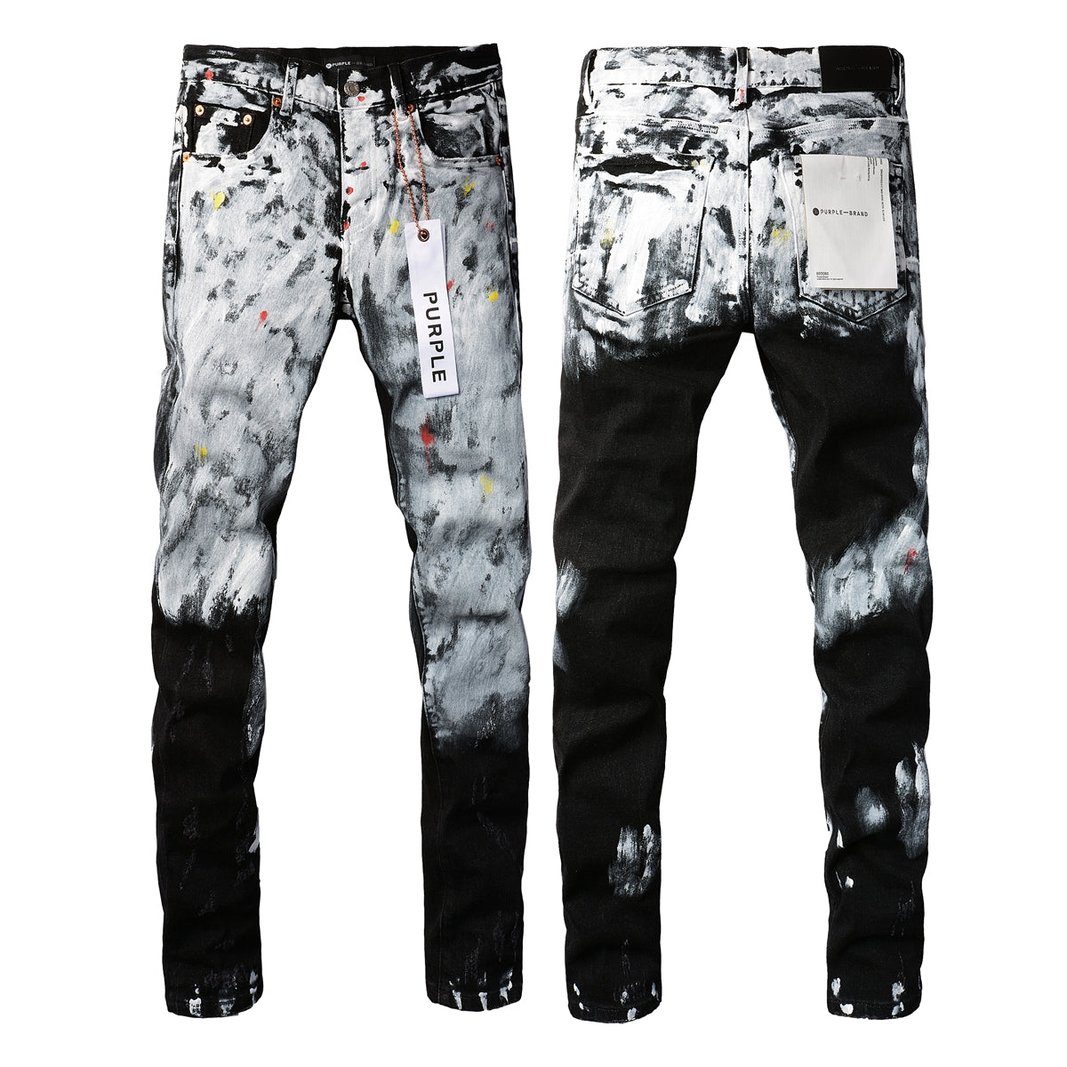 PURPLE Men Streetwear Skinny Jeans Black and White Graffiti Wash with Multi - Color Paint Accents 9020