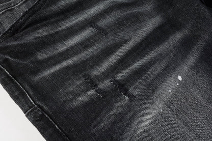 PURPLE Men Streetwear Skinny Jeans Black - Gray Fade Wash with White Paint Specks 9027