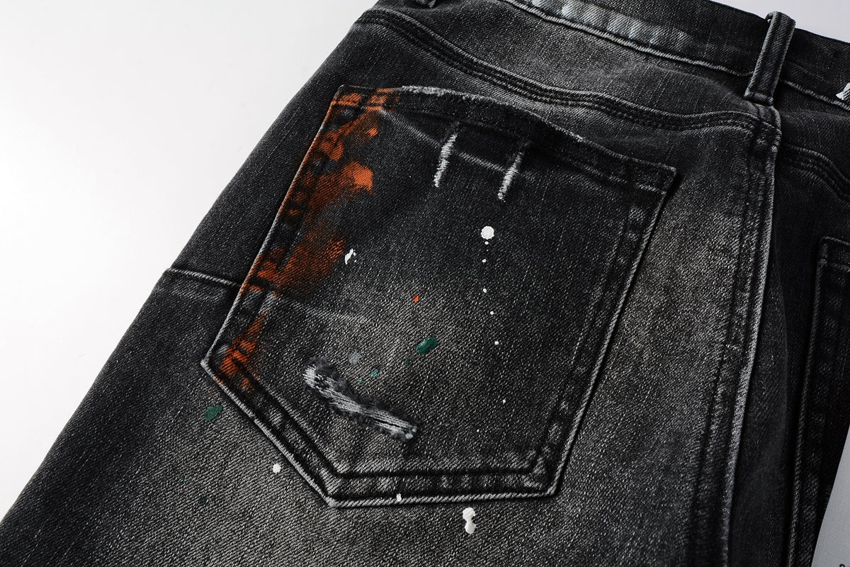 PURPLE Men Streetwear Skinny Jeans Dark Gray Wash with Distressed Rips and Multi-Color Paint Splatter 9018