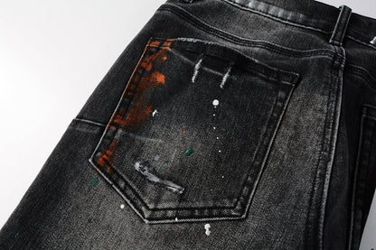 PURPLE Men Streetwear Skinny Jeans Dark Gray Wash with Distressed Rips and Multi-Color Paint Splatter 9018