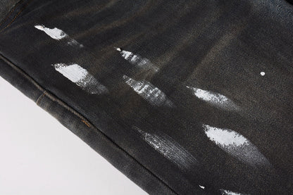 PURPLE Men Streetwear Skinny Jeans Dark Gray Wash with White Paint Splatter and Brush Strokes 9036