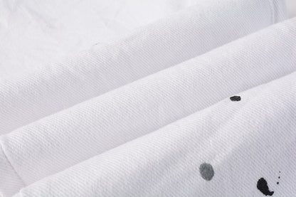 PURPLE Men Streetwear Skinny Jeans White Wash with Black Paint Splatter and Distressed Rip 9021