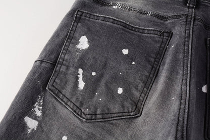 PURPLE Men Streetwear Skinny Jeans Dark Gray Wash with Knee Rips and White Paint Splatter 9039