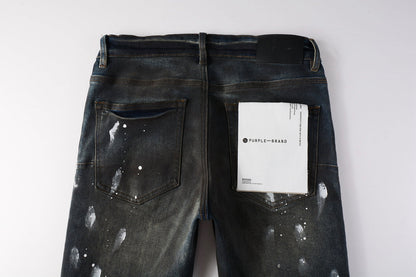 PURPLE Men Streetwear Skinny Jeans Dark Gray Wash with White Paint Splatter and Brush Strokes 9036