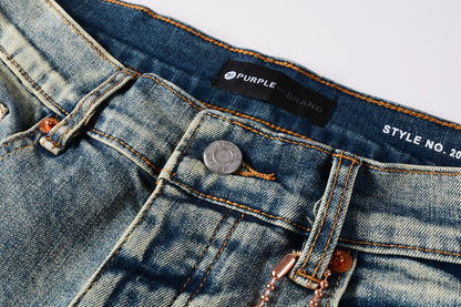 PURPLE Men Streetwear Skinny Jeans Light Blue Wash with Blue Patched Rips and White Paint Splatter 9050-1