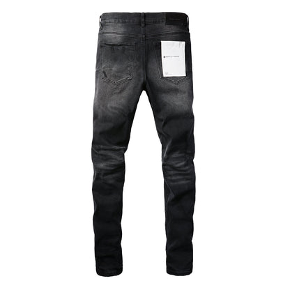 PURPLE Men Streetwear Skinny Jeans Black Wash with Knee Ripped Details 9029