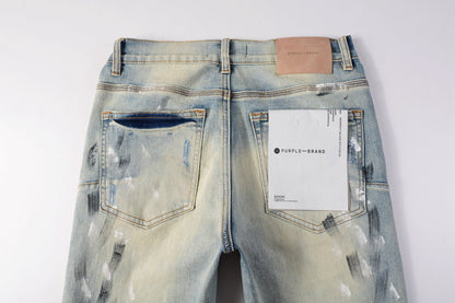PURPLE Men Streetwear Skinny Jeans Light Blue Wash with White Paint Splatter and Distressed Rips 9007