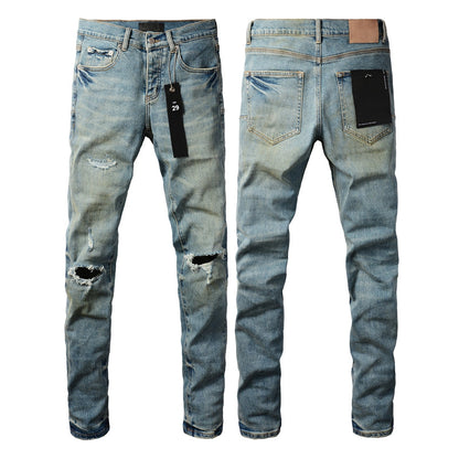 PURPLE Men Streetwear Skinny Jeans Light Blue Wash with Distressed Ripped Knee Details 9076