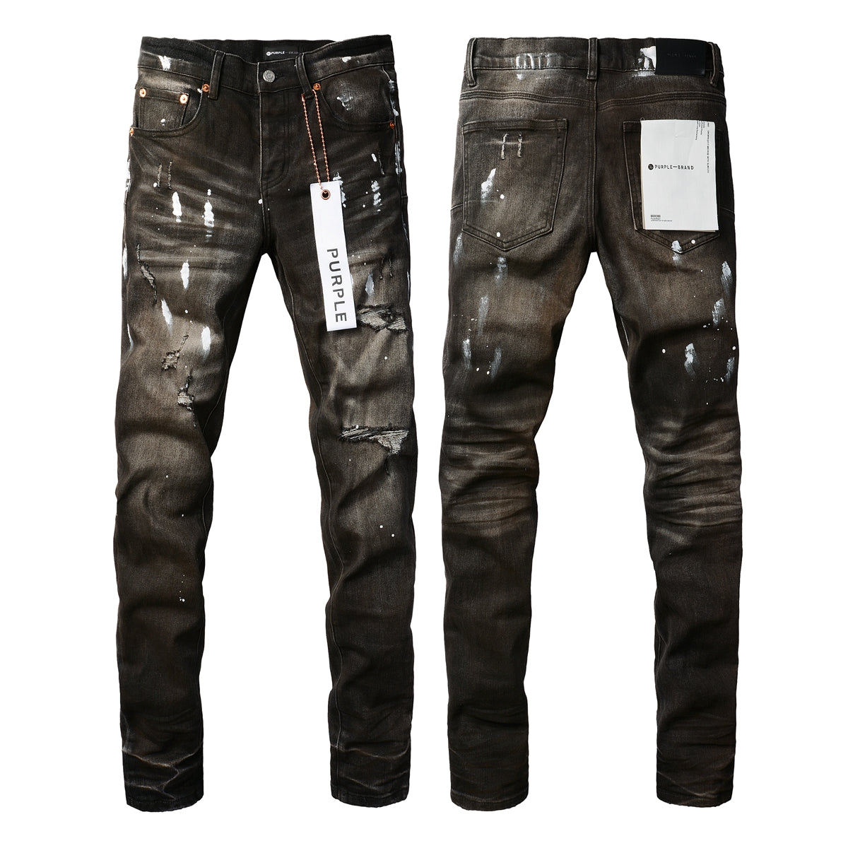 PURPLE Men Streetwear Skinny Jeans Dark Gray Wash with White Paint Splatter and Distressed Rips 9030