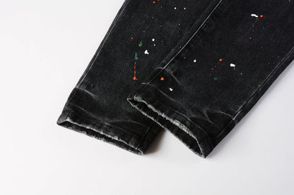 PURPLE Men Streetwear Skinny Jeans Dark Gray Wash with Distressed Rips and Multi-Color Paint Splatter 9018