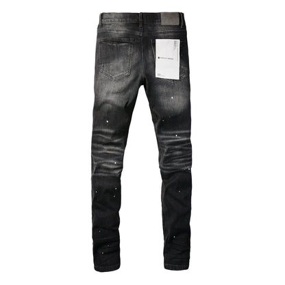 PURPLE Men Streetwear Skinny Jeans Black - Gray Fade Wash with White Paint Specks 9027