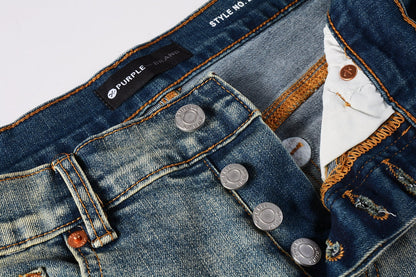 PURPLE Men Streetwear Skinny Jeans Light Blue Wash with Blue Patched Rips and White Paint Splatter 9050-1