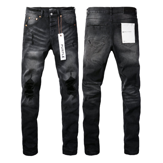 PURPLE Men Streetwear Skinny Jeans Black Wash with Knee Ripped Details 9029