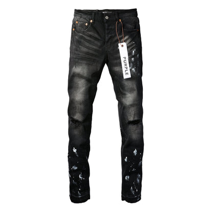 PURPLE Men Streetwear Skinny Jeans Black Fade Wash with White Paint Splatter and Distressed Rips 9002