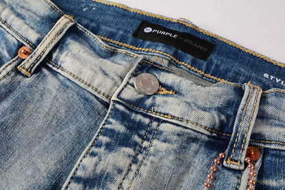 PURPLE Men Streetwear Skinny Jeans Light Blue Wash with Heavy Distressed Rips 9058