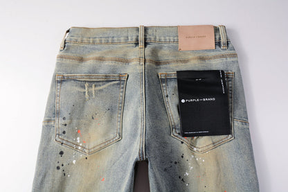 PURPLE Men Streetwear Skinny Jeans Light Gray Wash with Multi-Color Paint Splatter and Distressed Patches 9071