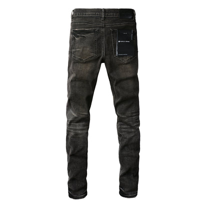 PURPLE Men Streetwear Skinny Jeans Dark Gray Wash with Multi - Color Patched Distressed Details 9080