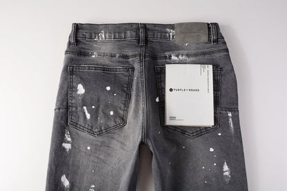 PURPLE Men Streetwear Skinny Jeans Dark Gray Wash with Knee Rips and White Paint Splatter 9039