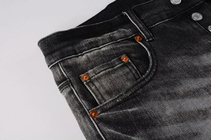PURPLE Men Streetwear Skinny Jeans Dark Gray Wash with White Paint Splatter and Distressed Rips 9032