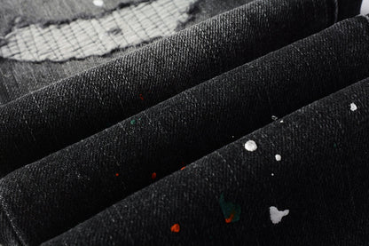 PURPLE Men Streetwear Skinny Jeans Dark Gray Wash with Distressed Rips and Multi-Color Paint Splatter 9018