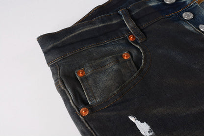 PURPLE Men Streetwear Skinny Jeans Dark Gray Wash with White Paint Splatter and Brush Strokes 9036