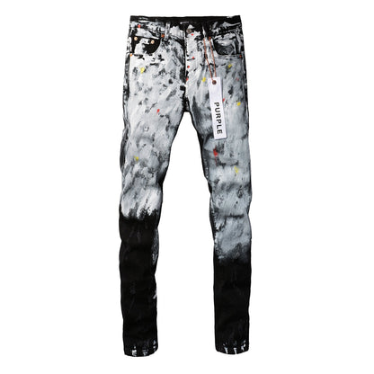 PURPLE Men Streetwear Skinny Jeans Black and White Graffiti Wash with Multi - Color Paint Accents 9020