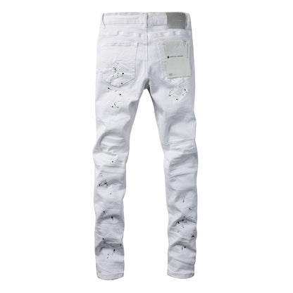 PURPLE Men Streetwear Skinny Jeans White Wash with Black Paint Splatter and Distressed Rip 9021