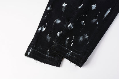 PURPLE Men Streetwear Skinny Jeans Black Fade Wash with White Paint Splatter and Distressed Rips 9002