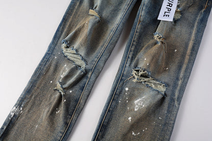 PURPLE Men Streetwear Skinny Jeans Light Blue Wash with Distressed Rips and White Paint Splatter 9012