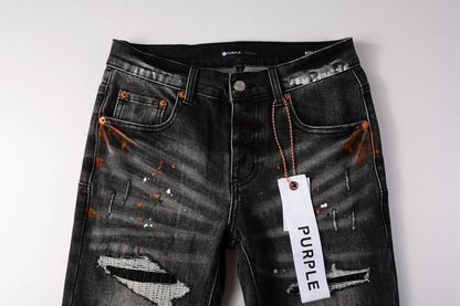 PURPLE Men Streetwear Skinny Jeans Dark Gray Wash with Distressed Rips and Multi-Color Paint Splatter 9018