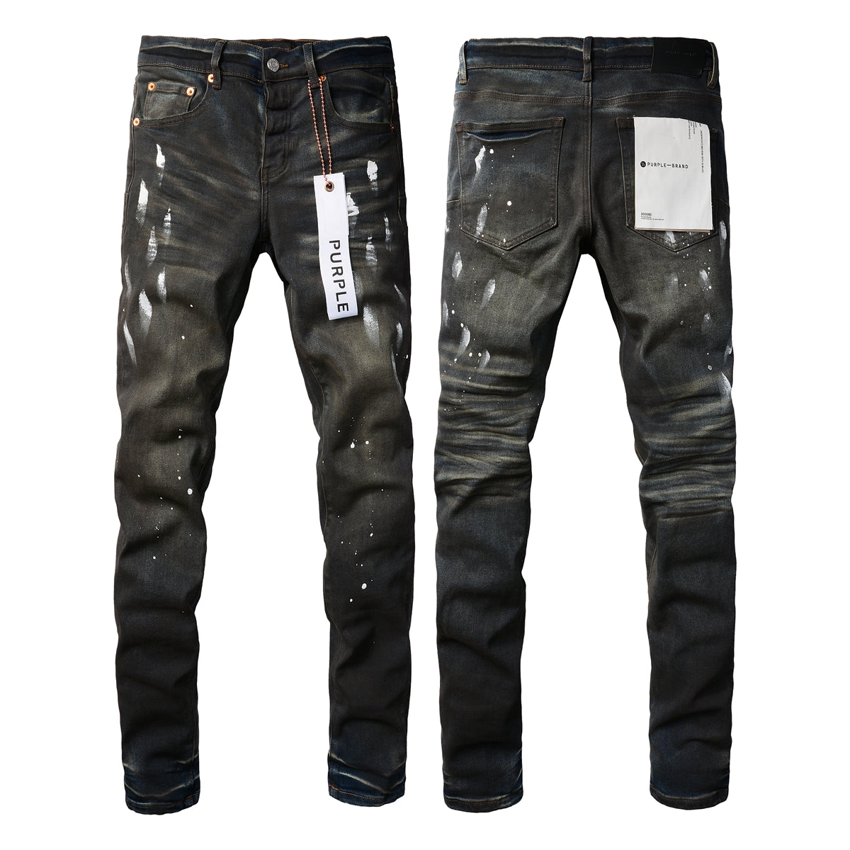 PURPLE Men Streetwear Skinny Jeans Dark Gray Wash with White Paint Splatter and Brush Strokes 9036