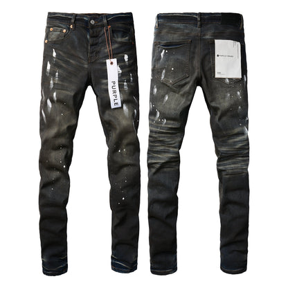 PURPLE Men Streetwear Skinny Jeans Dark Gray Wash with White Paint Splatter and Brush Strokes 9036