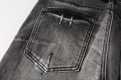 PURPLE Men Streetwear Skinny Jeans Dark Gray Wash with White Paint Splatter and Distressed Rips 9032
