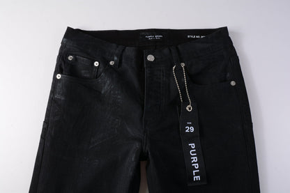 PURPLE Men Streetwear Skinny Jeans Black Wash with Subtle Sheen and Tag Accent 9082