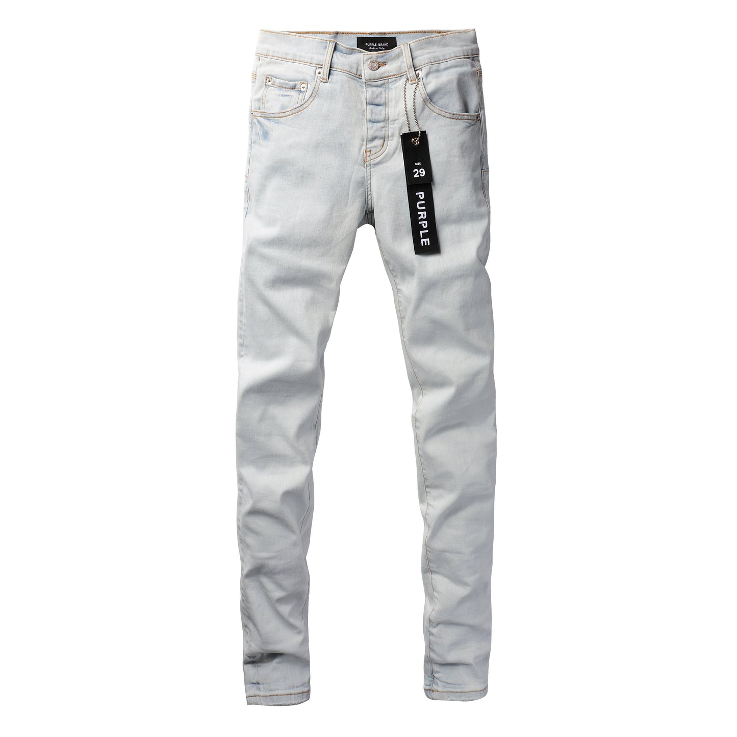 PURPLE Men Streetwear Skinny Jeans Light Gray Wash with Minimalist Style and Tag Accent 9081
