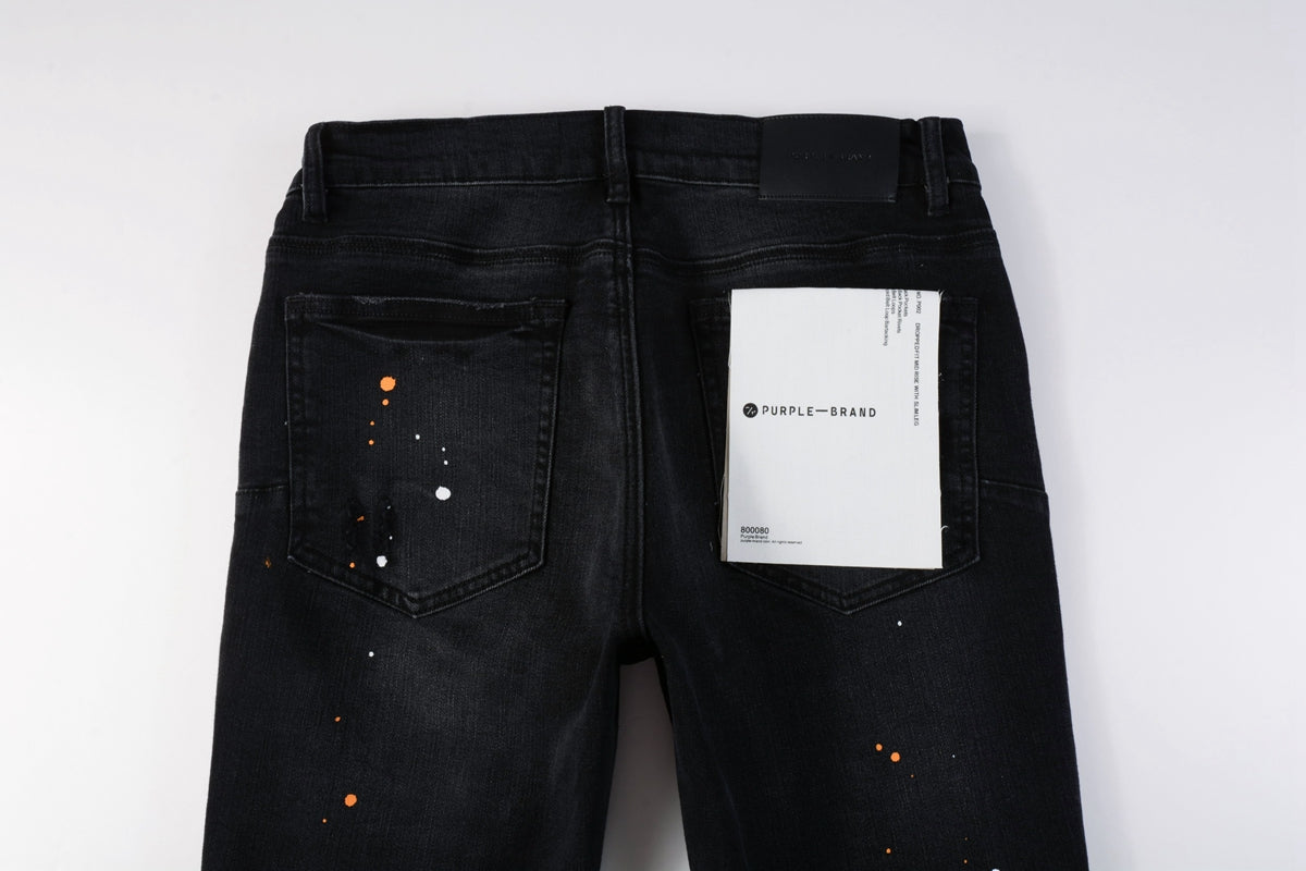 PURPLE Mens Jeans - Distressed Black Denim with Knee Slit and Ripped Hole 9045