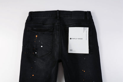 PURPLE Mens Jeans - Distressed Black Denim with Knee Slit and Ripped Hole 9045