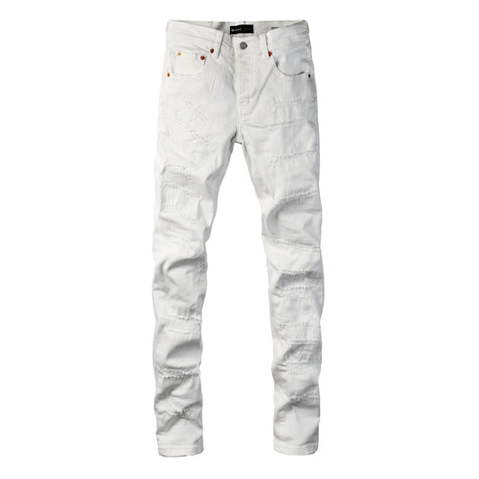 PURPLE Men Classic Streetwear Skinny Jeans Solid White with Subtle Distressed Details PU9118