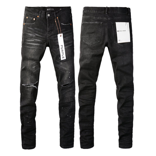 PURPLE Men Streetwear Skinny Jeans Black Wash with Knee Rips and White Paint Specks 9035