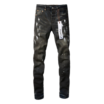 PURPLE Men Streetwear Skinny Jeans Dark Gray Wash with White Paint Splatter and Brush Strokes 9036