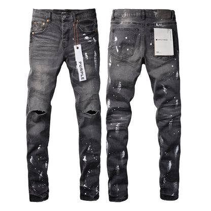 PURPLE Men Streetwear Skinny Jeans Dark Gray Wash with Knee Rips and White Paint Splatter 9039