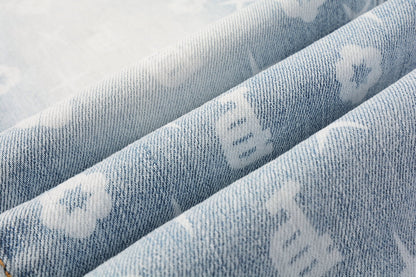 PURPLE Men Streetwear Skinny Jeans Light Blue Wash with All - Over Pattern Print 9089