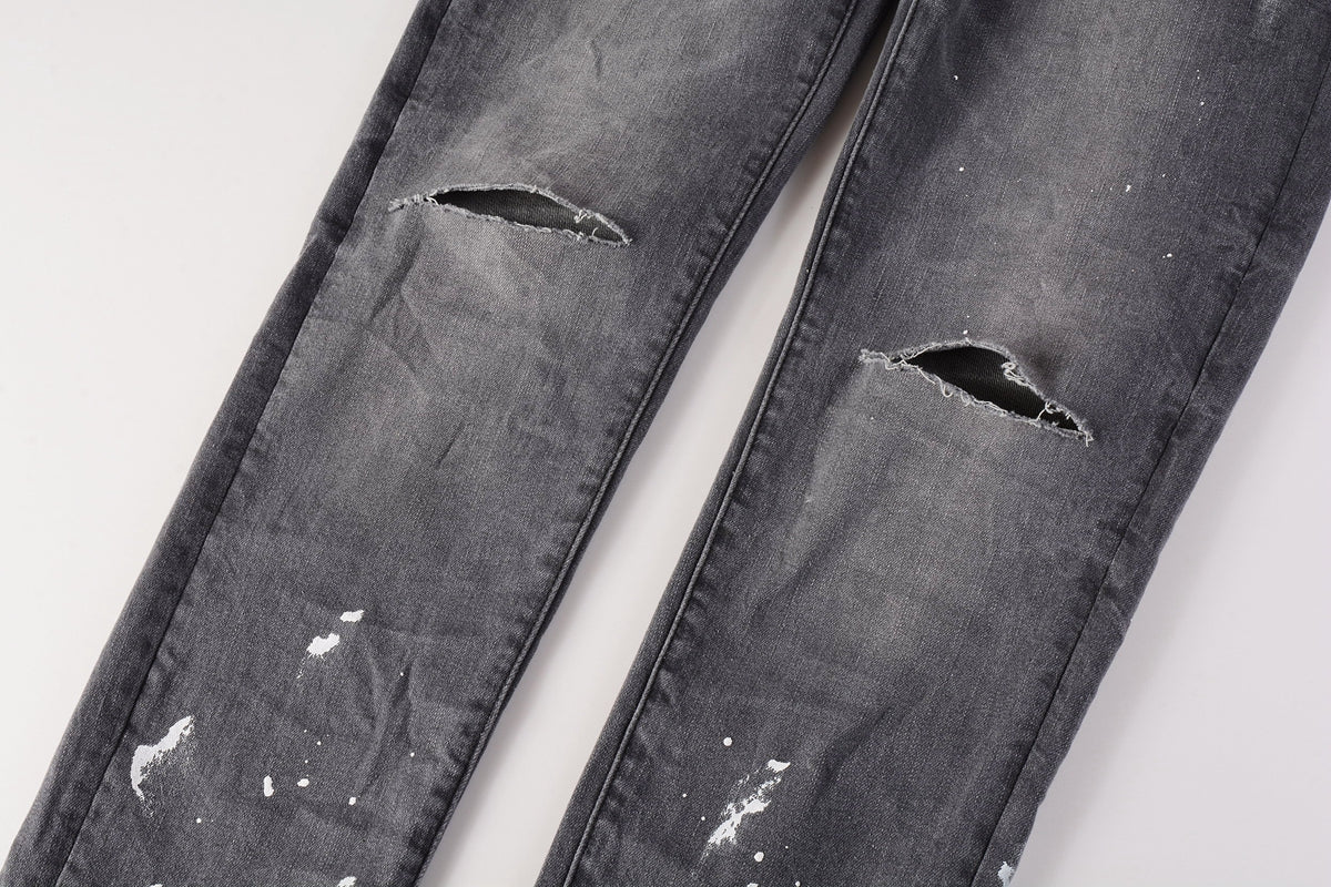 PURPLE Men Streetwear Skinny Jeans Dark Gray Wash with Knee Rips and White Paint Splatter 9039