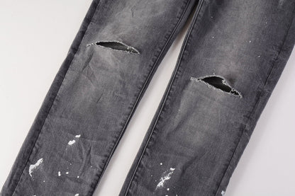 PURPLE Men Streetwear Skinny Jeans Dark Gray Wash with Knee Rips and White Paint Splatter 9039