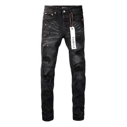PURPLE Mens Jeans - Distressed Black Denim with Knee Slit and Ripped Hole 9045