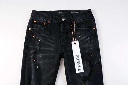 PURPLE Mens Jeans - Distressed Black Denim with Knee Slit and Ripped Hole 9045