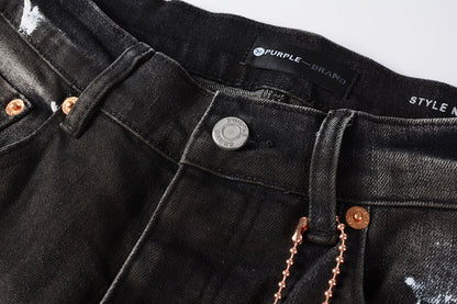 PURPLE Men Streetwear Skinny Jeans Dark Gray Wash with White Paint Splatter and Distressed Rips 9030